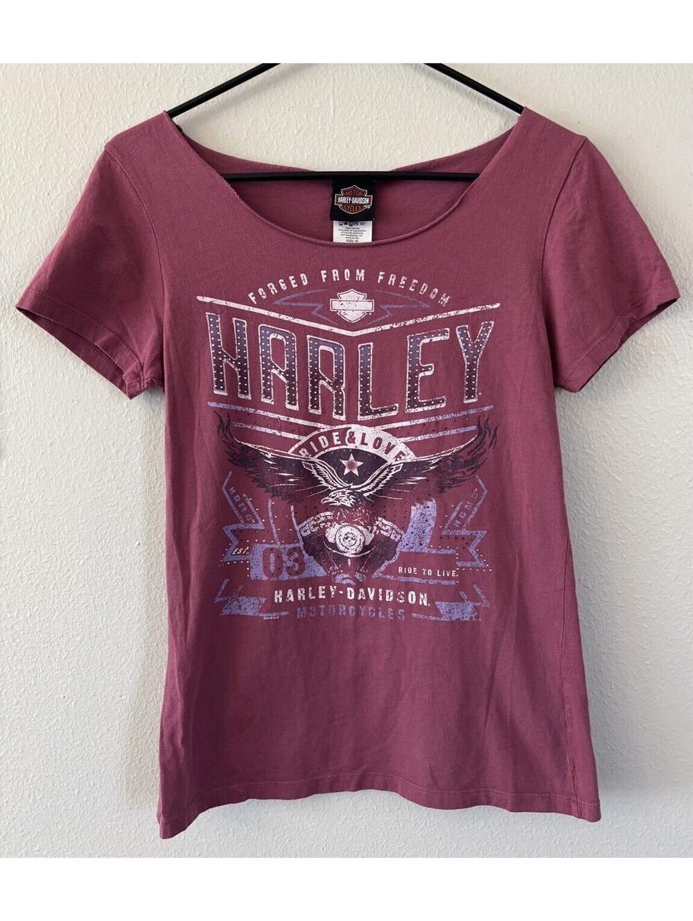 Vintage Women’s Harley Davidson Off Shoulder Bling Shirt Burgendy Size Medium